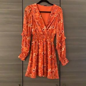 Stradivarius Orange Floral Long Sleeve Dress, Size M